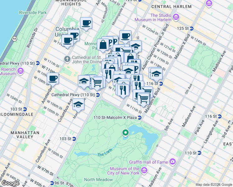 map of restaurants, bars, coffee shops, grocery stores, and more near 240 West 113th Street in New York