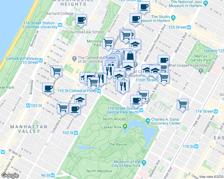 map of restaurants, bars, coffee shops, grocery stores, and more near 249 West 112th Street in New York