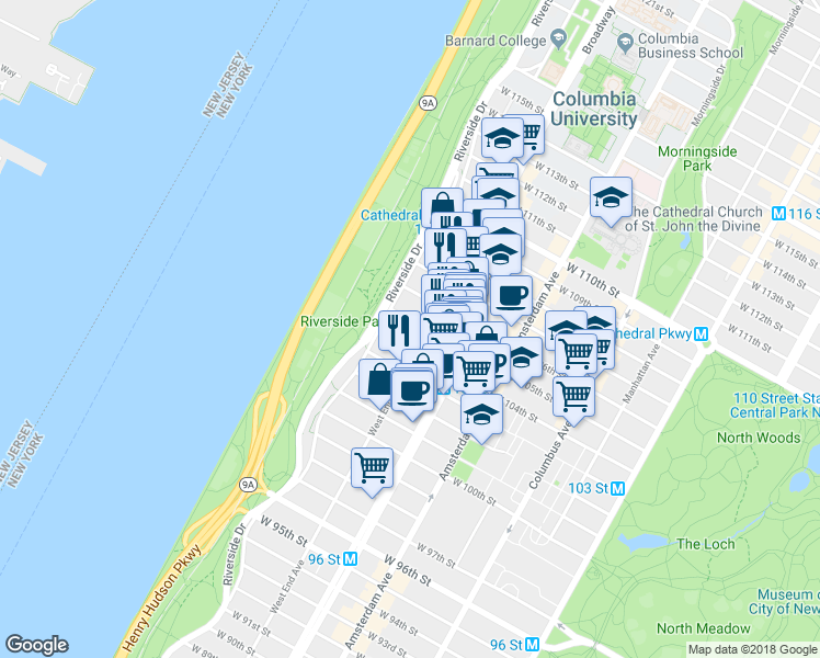 map of restaurants, bars, coffee shops, grocery stores, and more near 307 West 105th Street in New York