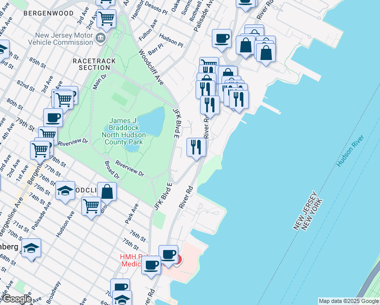 map of restaurants, bars, coffee shops, grocery stores, and more near 64 Bergen Ridge Road in North Bergen