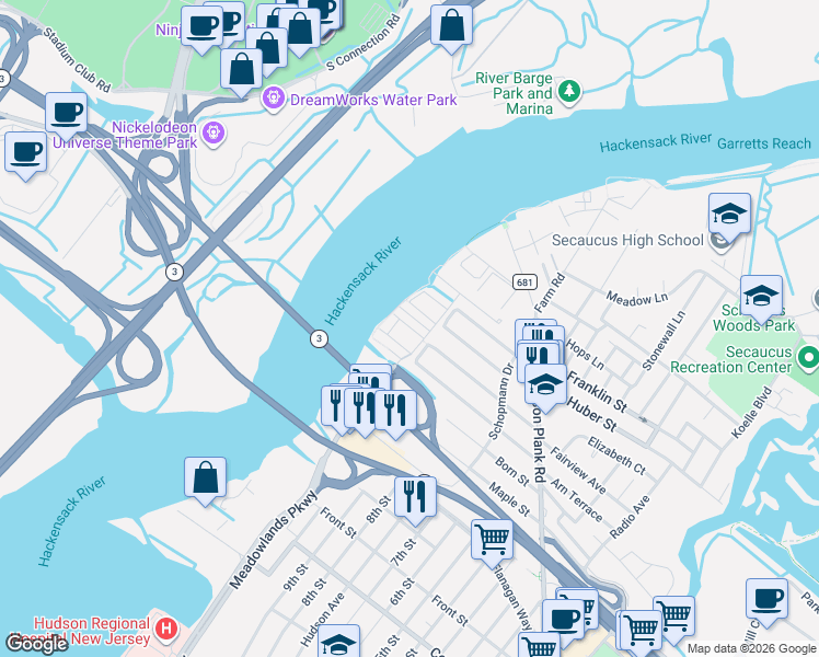 map of restaurants, bars, coffee shops, grocery stores, and more near 67 Mallard Place in Secaucus