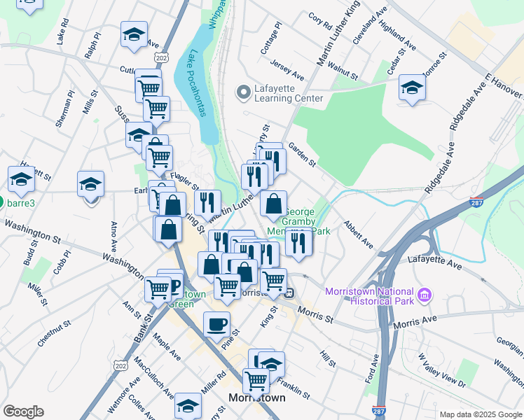 map of restaurants, bars, coffee shops, grocery stores, and more near 3 Martin Luther King Avenue in Morristown