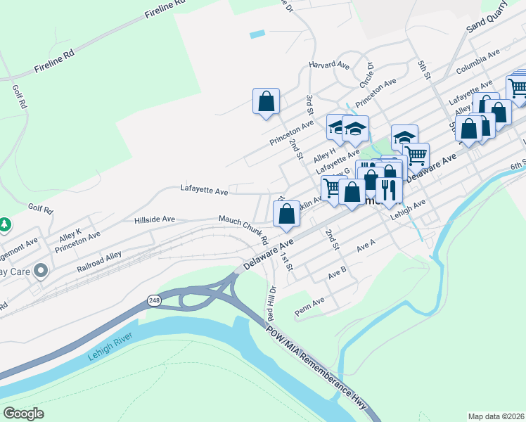 map of restaurants, bars, coffee shops, grocery stores, and more near Alley Mew in Palmerton
