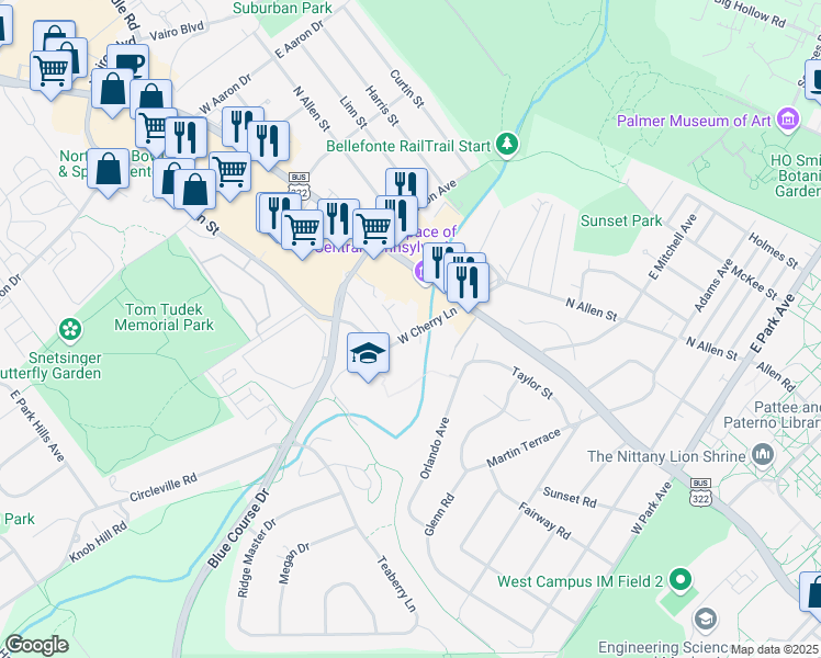 map of restaurants, bars, coffee shops, grocery stores, and more near 719 West Cherry Lane in State College