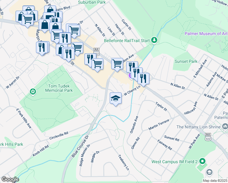 map of restaurants, bars, coffee shops, grocery stores, and more near 23 Martin Street in State College