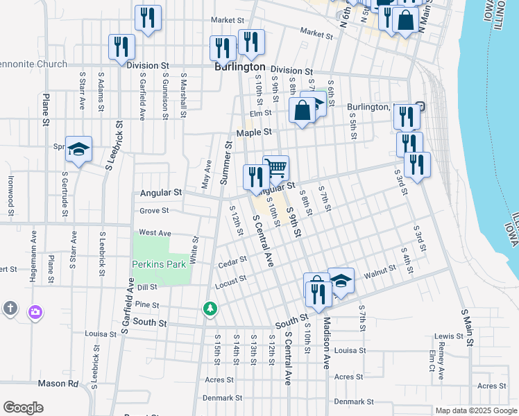 map of restaurants, bars, coffee shops, grocery stores, and more near 605 South 10th Street in Burlington