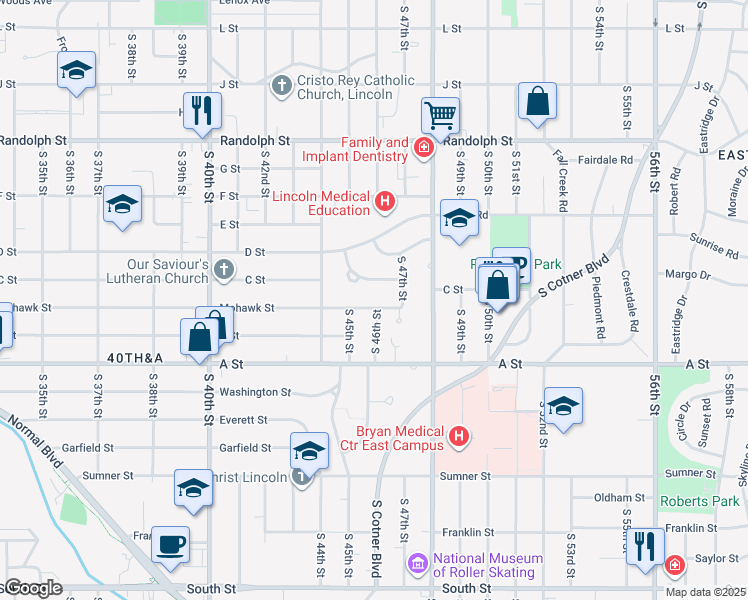map of restaurants, bars, coffee shops, grocery stores, and more near 4633 Hill Drive in Lincoln