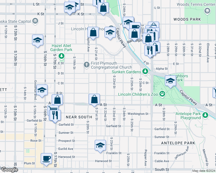 map of restaurants, bars, coffee shops, grocery stores, and more near 2224 C Street in Lincoln