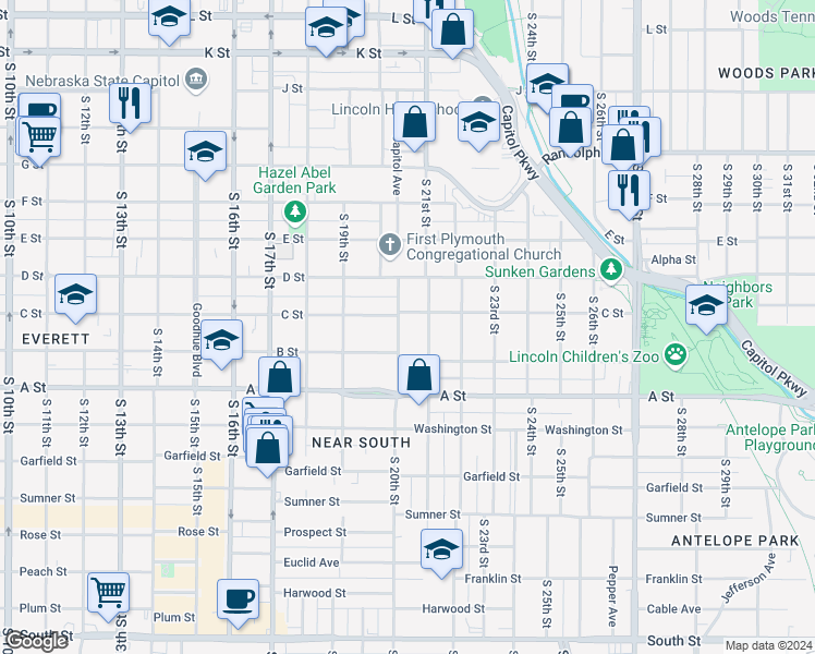 map of restaurants, bars, coffee shops, grocery stores, and more near 1140 South 20th Street in Lincoln