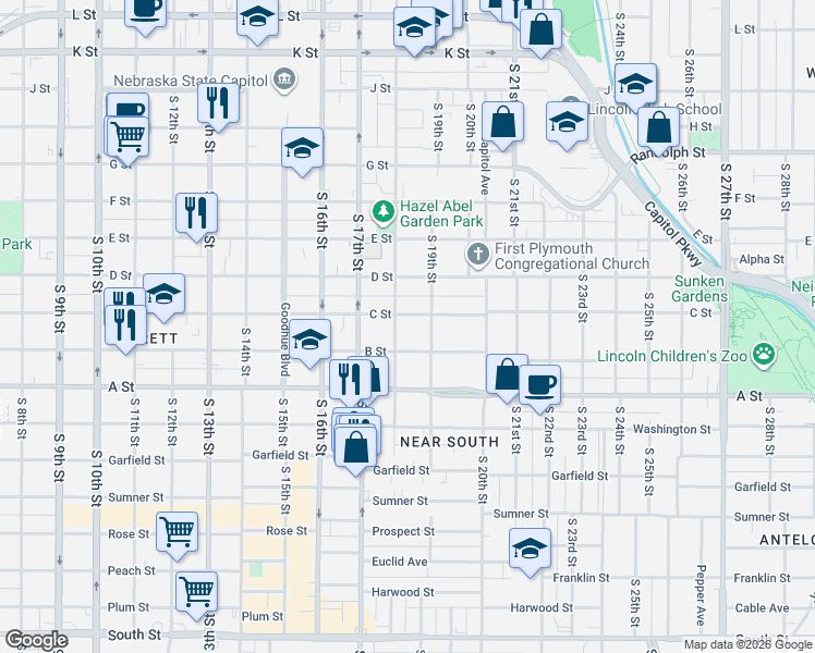 map of restaurants, bars, coffee shops, grocery stores, and more near 1824 C Street in Lincoln