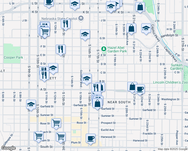 map of restaurants, bars, coffee shops, grocery stores, and more near 1620 C Street in Lincoln