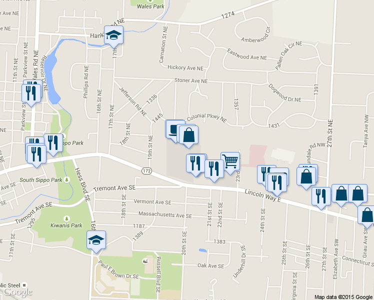 map of restaurants, bars, coffee shops, grocery stores, and more near 2010 Lincoln Way East in Massillon