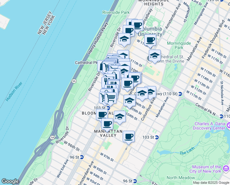 map of restaurants, bars, coffee shops, grocery stores, and more near in New York