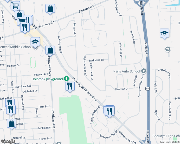 map of restaurants, bars, coffee shops, grocery stores, and more near 34 Fallen Leaf Road in Holbrook
