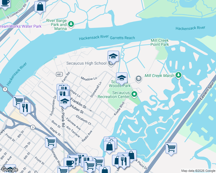 map of restaurants, bars, coffee shops, grocery stores, and more near 35 Luhman Terrace in Secaucus
