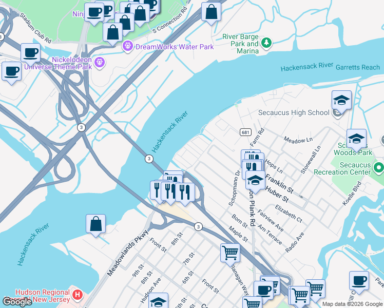 map of restaurants, bars, coffee shops, grocery stores, and more near 67 Mallard Place in Secaucus