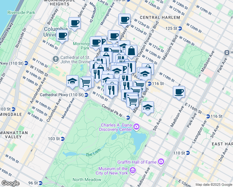 map of restaurants, bars, coffee shops, grocery stores, and more near 1858 7th Avenue in New York
