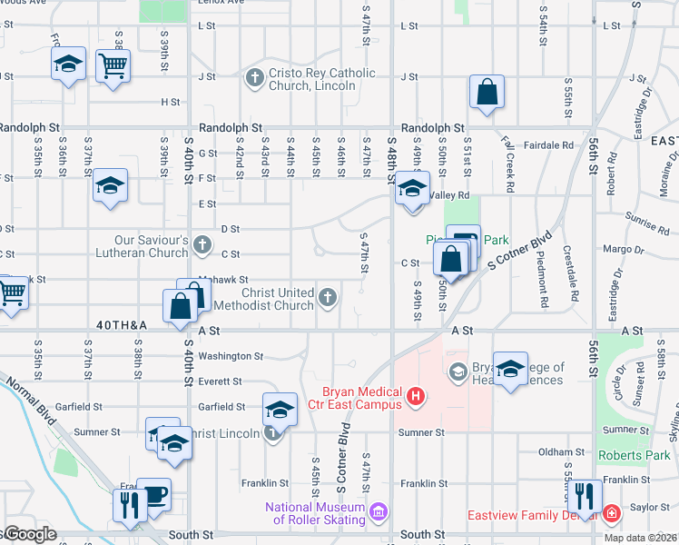 map of restaurants, bars, coffee shops, grocery stores, and more near 4633 Hill Drive in Lincoln
