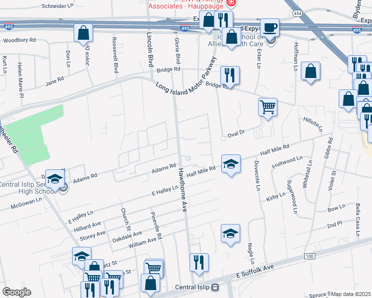 map of restaurants, bars, coffee shops, grocery stores, and more near 167 Hawthorne Avenue in Central Islip