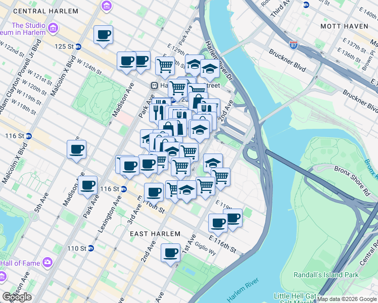 map of restaurants, bars, coffee shops, grocery stores, and more near 221 1/2 East 122nd Street in New York