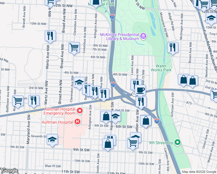 map of restaurants, bars, coffee shops, grocery stores, and more near 315 Harrison Avenue Southwest in Canton
