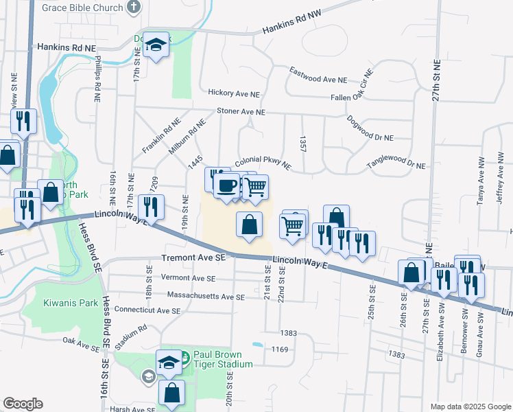 map of restaurants, bars, coffee shops, grocery stores, and more near 2032 Lincoln Way East in Massillon