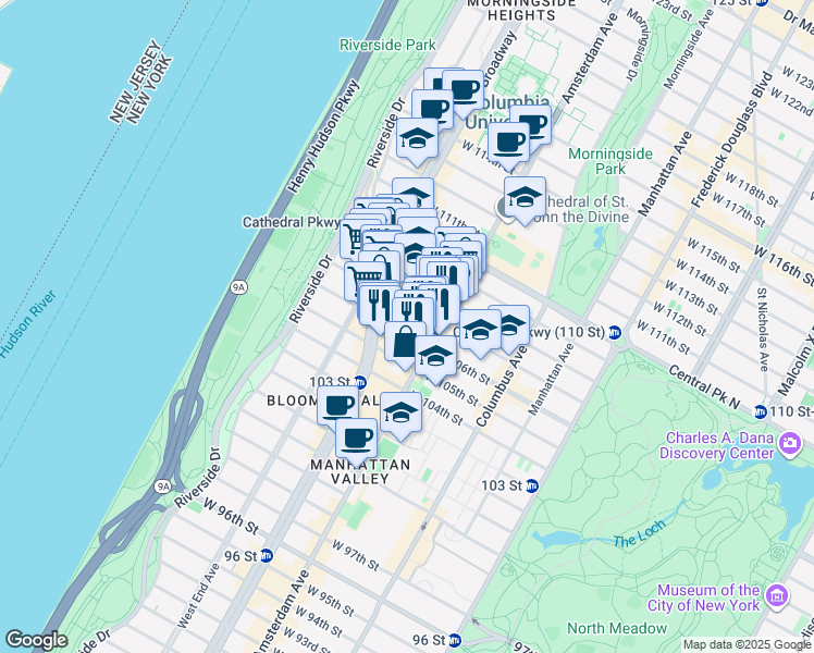 map of restaurants, bars, coffee shops, grocery stores, and more near 211 West 106th Street in New York