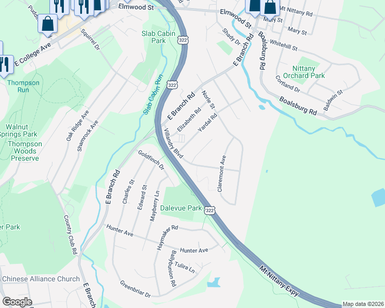 map of restaurants, bars, coffee shops, grocery stores, and more near 1400-1698 Yardal Rd in State College