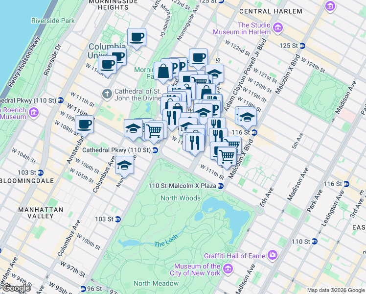 map of restaurants, bars, coffee shops, grocery stores, and more near 249 West 112th Street in New York