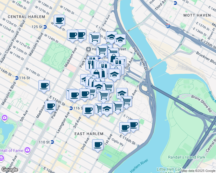 map of restaurants, bars, coffee shops, grocery stores, and more near 221 1/2 East 122nd Street in New York