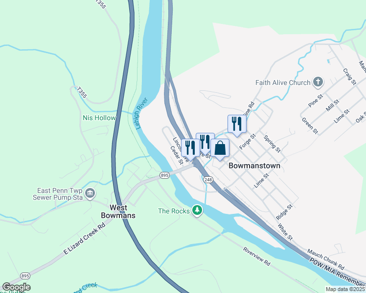 map of restaurants, bars, coffee shops, grocery stores, and more near POW/MIA Rememberance Highway in Palmerton