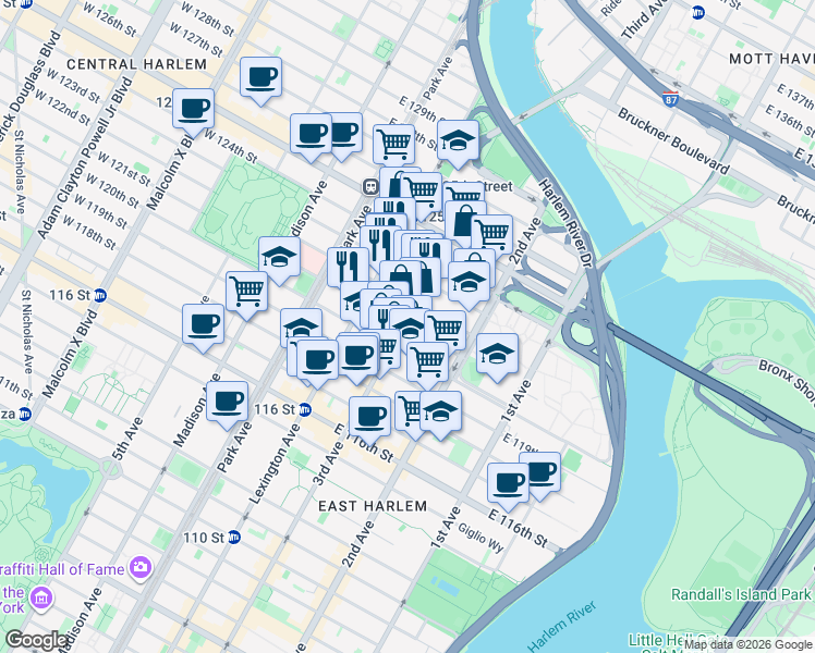 map of restaurants, bars, coffee shops, grocery stores, and more near 2230 3rd Avenue in New York