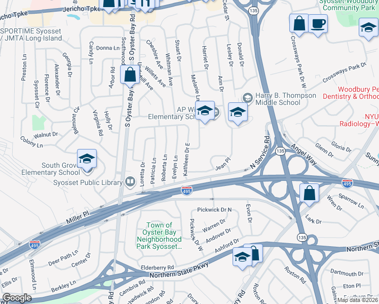 map of restaurants, bars, coffee shops, grocery stores, and more near 36 Kathleen Drive East in Syosset