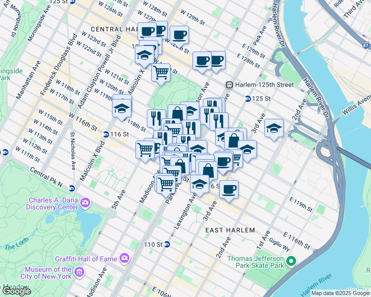 map of restaurants, bars, coffee shops, grocery stores, and more near 76 East 119th Street in New York