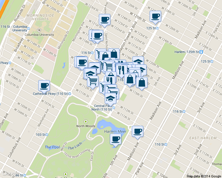 map of restaurants, bars, coffee shops, grocery stores, and more near 113 West 114th Street in New York