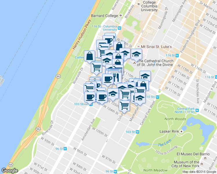 map of restaurants, bars, coffee shops, grocery stores, and more near 972c Amsterdam Avenue in New York
