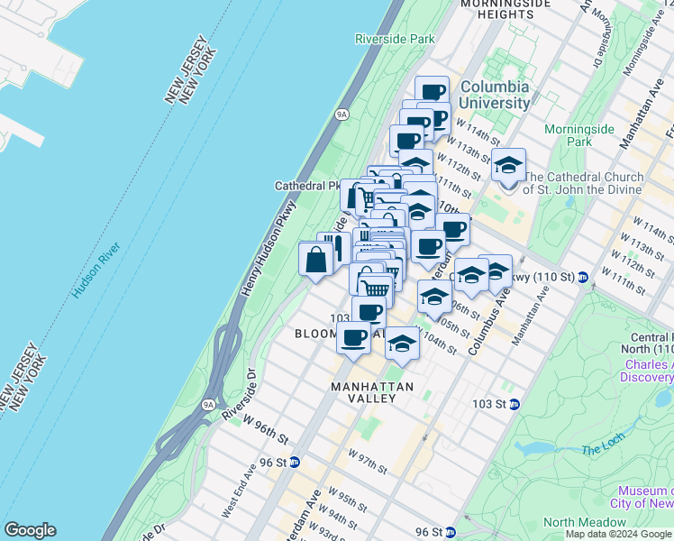map of restaurants, bars, coffee shops, grocery stores, and more near 307 West 105th Street in New York