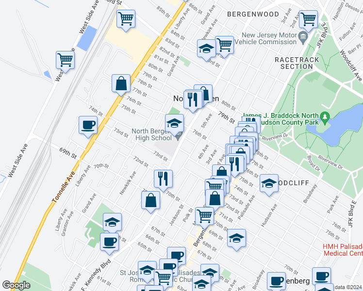 map of restaurants, bars, coffee shops, grocery stores, and more near 30 75th Street in North Bergen