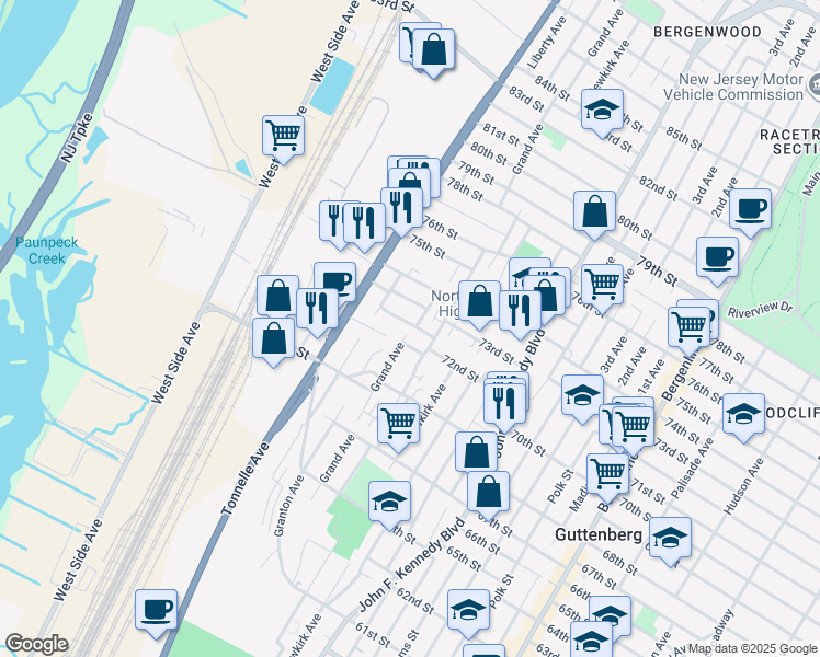 map of restaurants, bars, coffee shops, grocery stores, and more near 1518 72nd Street in North Bergen