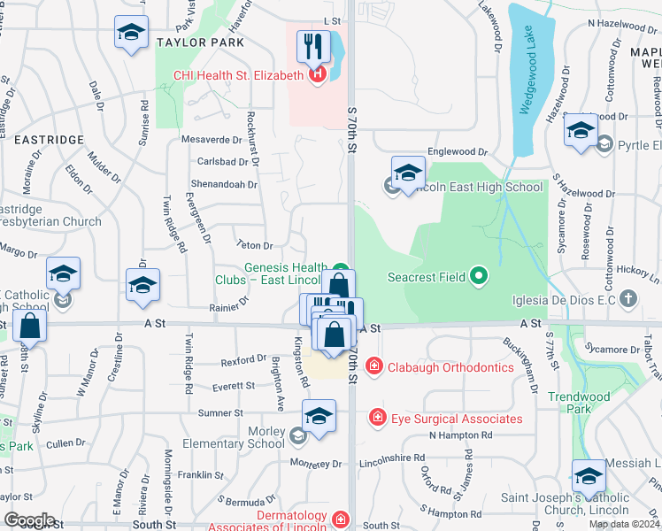 map of restaurants, bars, coffee shops, grocery stores, and more near 1101 South 70th Street in Lincoln