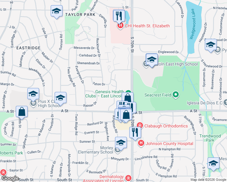 map of restaurants, bars, coffee shops, grocery stores, and more near 1230 Silver Ridge Road in Lincoln