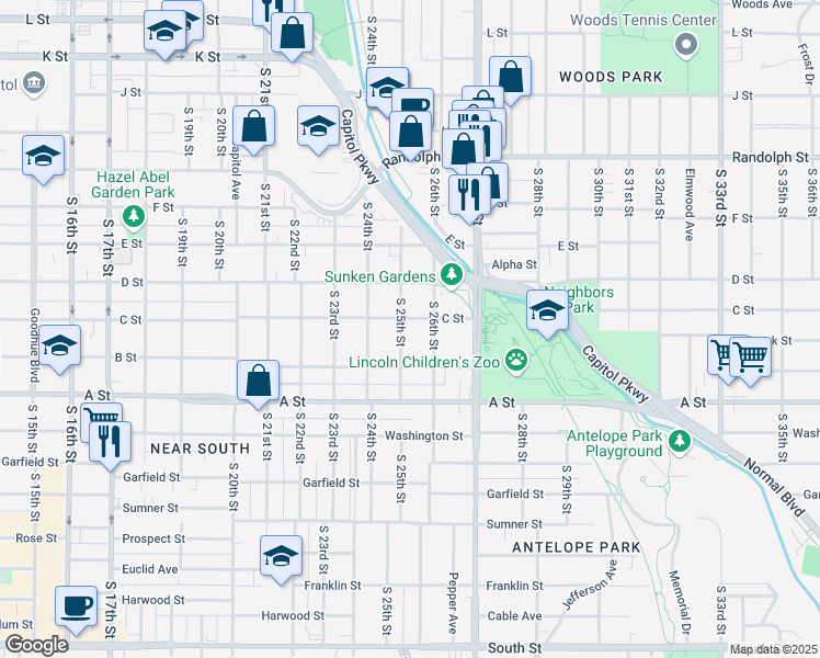 map of restaurants, bars, coffee shops, grocery stores, and more near 2426 C Street in Lincoln