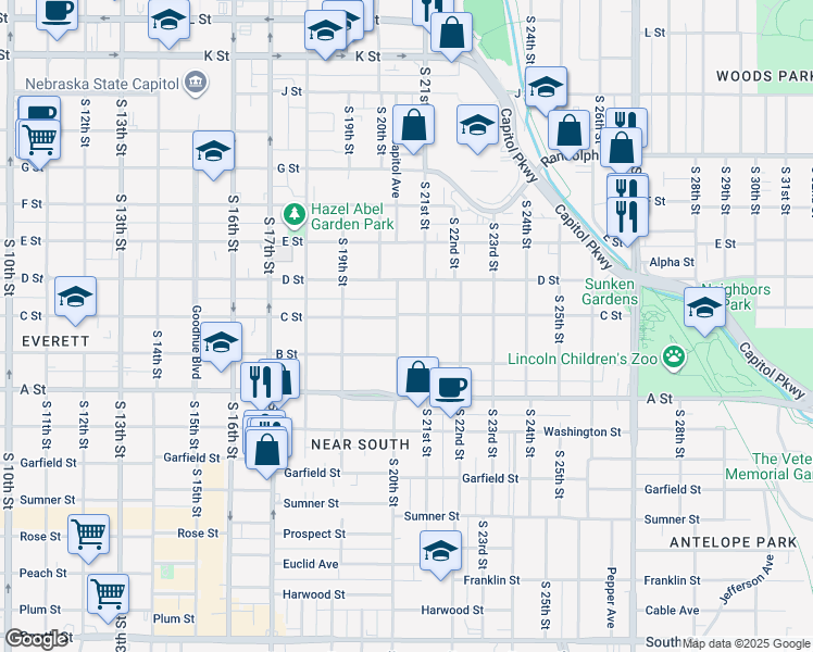 map of restaurants, bars, coffee shops, grocery stores, and more near 1140 South 20th Street in Lincoln