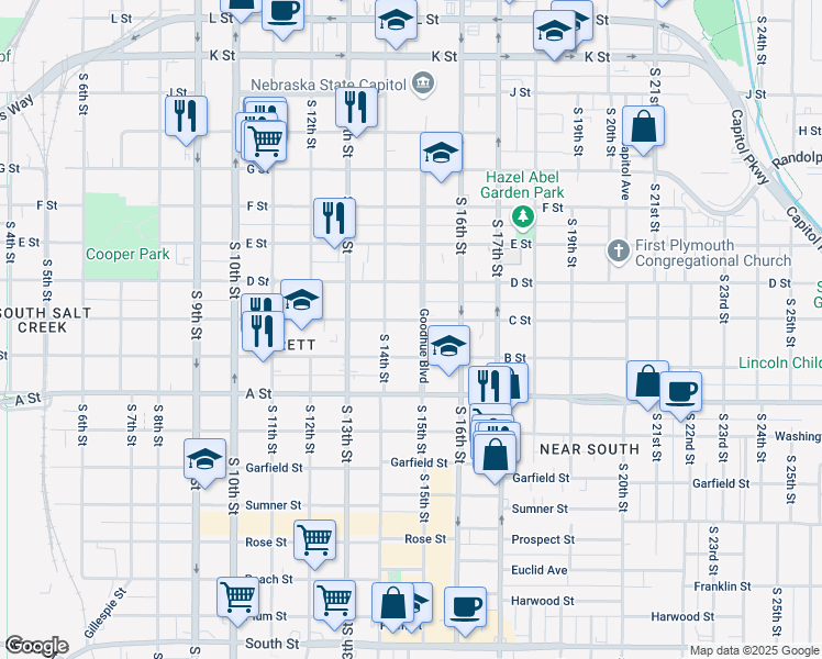 map of restaurants, bars, coffee shops, grocery stores, and more near 1428 C Street in Lincoln