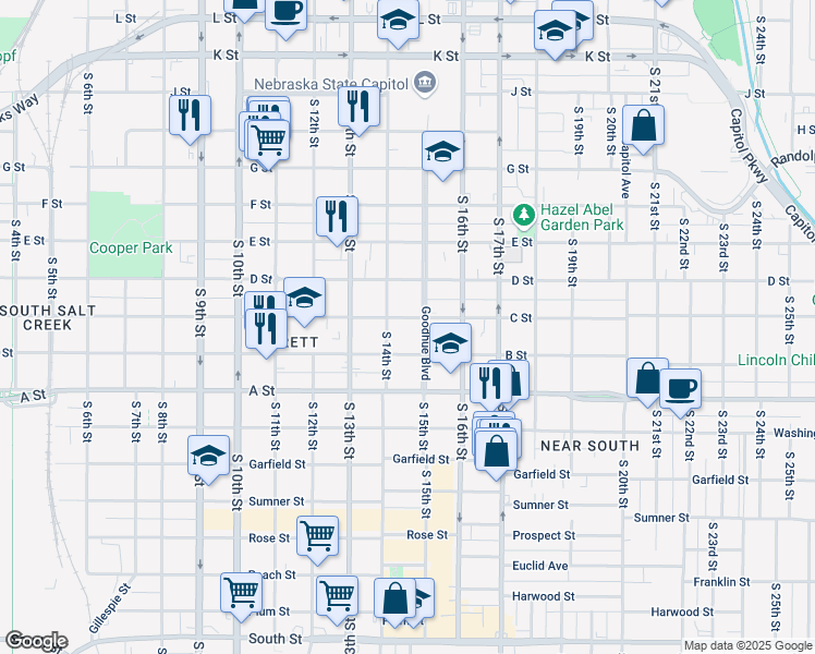 map of restaurants, bars, coffee shops, grocery stores, and more near 1428 C Street in Lincoln