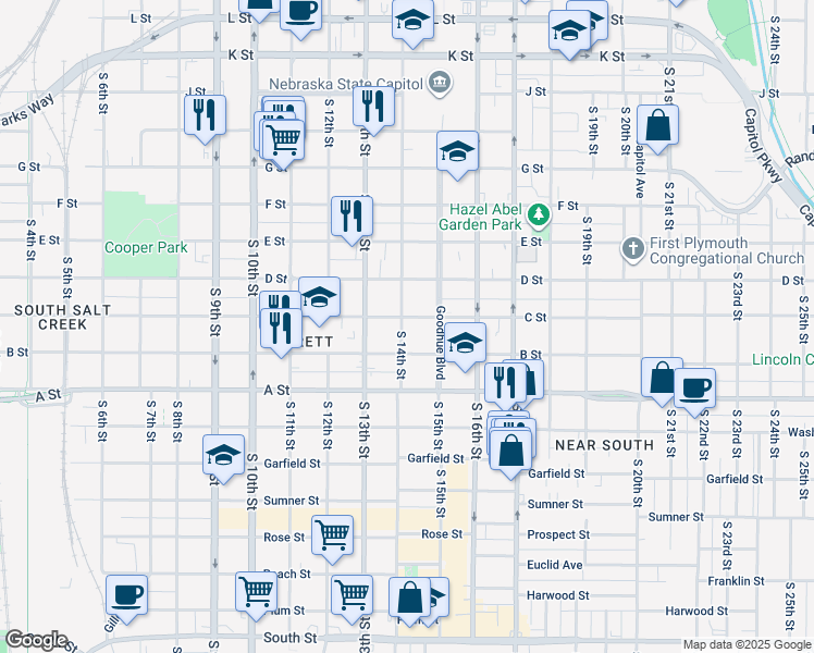 map of restaurants, bars, coffee shops, grocery stores, and more near 1428 C Street in Lincoln