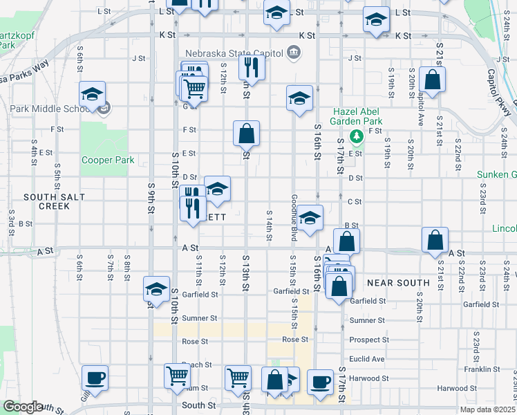 map of restaurants, bars, coffee shops, grocery stores, and more near 1320 C Street in Lincoln