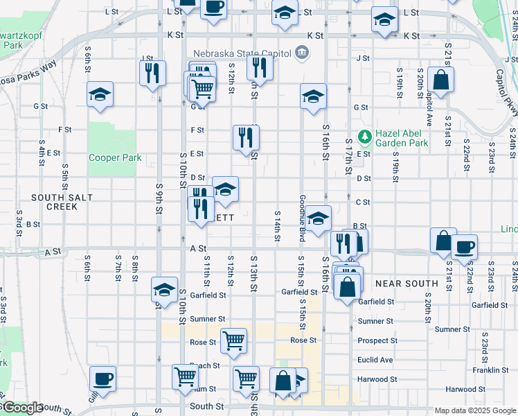map of restaurants, bars, coffee shops, grocery stores, and more near 1320 C Street in Lincoln