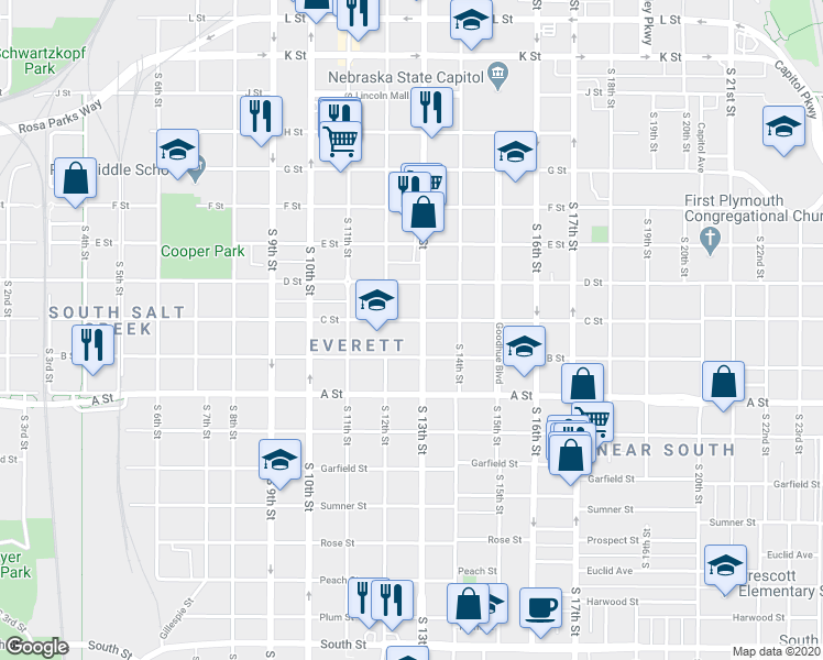 map of restaurants, bars, coffee shops, grocery stores, and more near 1220 C Street in Lincoln
