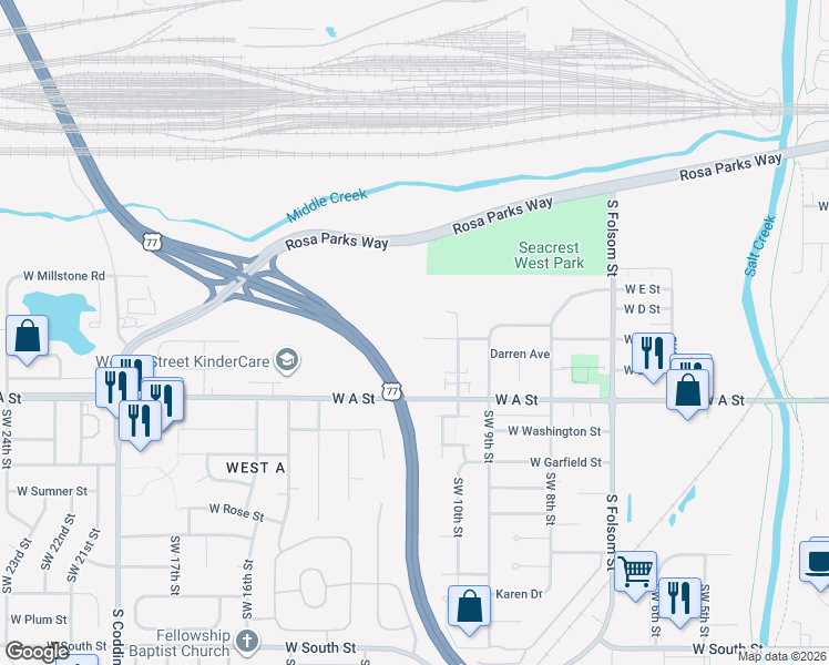 map of restaurants, bars, coffee shops, grocery stores, and more near 1100 West C Street in Lincoln